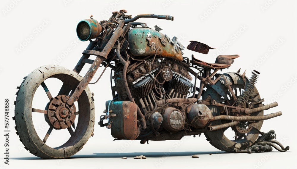 Old rusty wasteland bike, motorbike in post apocalypse word, decay corrosion vehicle Old rusty wasteland bike, motorbike in post apocalypse word, decay corrosion vehicle