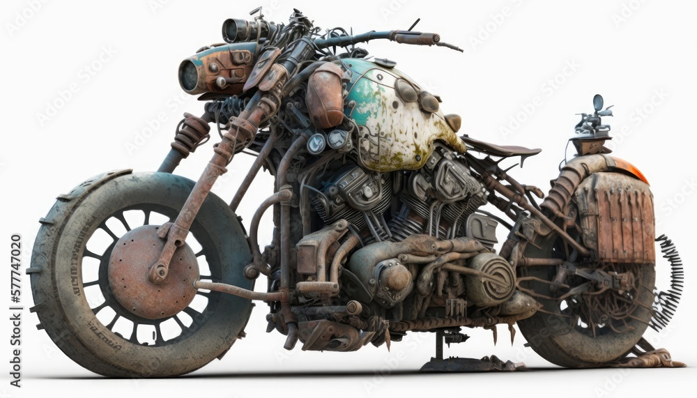 Old rusty wasteland bike, motorbike in post apocalypse word, decay corrosion vehicle Old rusty wasteland bike, motorbike in post apocalypse word, decay corrosion vehicle
