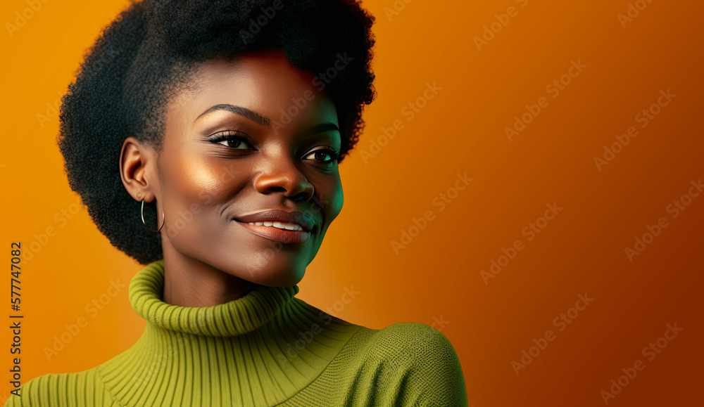Studio protrait of beautiful Afro American woman over orange background with copy space. Advertising concept. Generative AI. Studio protrait of beautiful Afro American woman over orange background with copy space. Advertising concept. Generative AI.