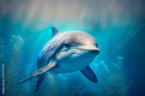 Cute dolphin in blue ocean waters. Generative AI
