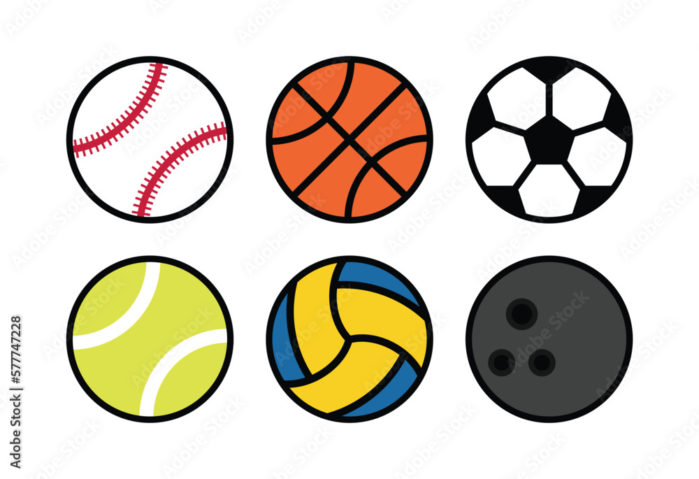 set all sport ball, basketball, baseball, bowling ball, soccer ball, tennis ball and volleyball icon.