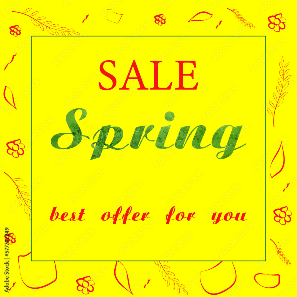 Spring sale banner vector template with grass texture and doodle designs on vibrant yellow background Spring sale banner vector template with grass texture and doodle designs on vibrant yellow background