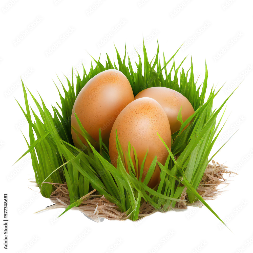 three chicken egg on green grass , isolated on transparent background cutout , generative ai three chicken egg on green grass , isolated on transparent background cutout , generative ai