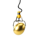 Yellow robotic metal claw hold golden Happy Easter egg. Isolated on a white background. 3d rendering