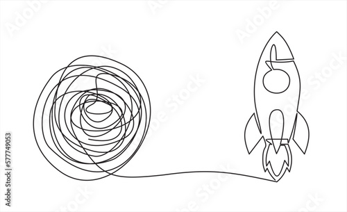 Chaos and rocket spaceship, abstract minimalist concept vector illustration. Metaphor of disorganized difficult problem found solution, mess with single continuous tangle thread in need of unraveling.