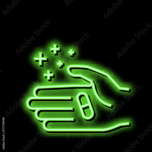 hand holding homeopathy pill neon glow icon illustration