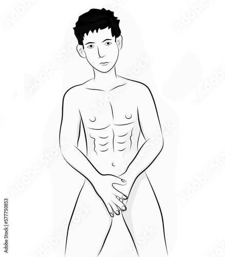 An adult man hiding his secret parts of the body with two hands. Illustration of naked man put hands on his secret parts of the body as a sign of erectile dysfunction. 