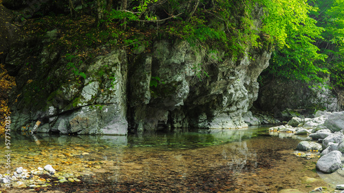 Billede på lærred A green mountain river flowing along eroded cliffs in a canyon