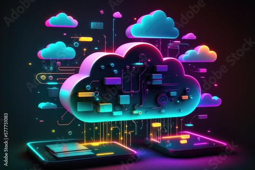 3D cloud computing technology concept. Digital illustration neon background. Generative AI