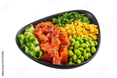 Salmon Poke bowl with Cucumber, Edamame, and Rice.  Isolated, transparent background