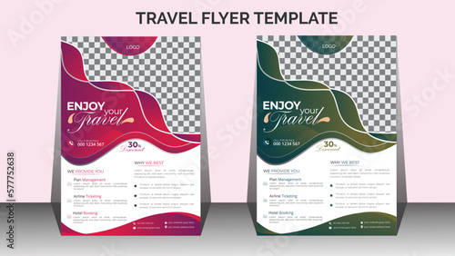  Modern abstract travel flyer a4 vector layout template. Marketing proposal leaflet or poster banner cover design. Enjoy your travel. Explore your world. Travel flyer template design print ready.