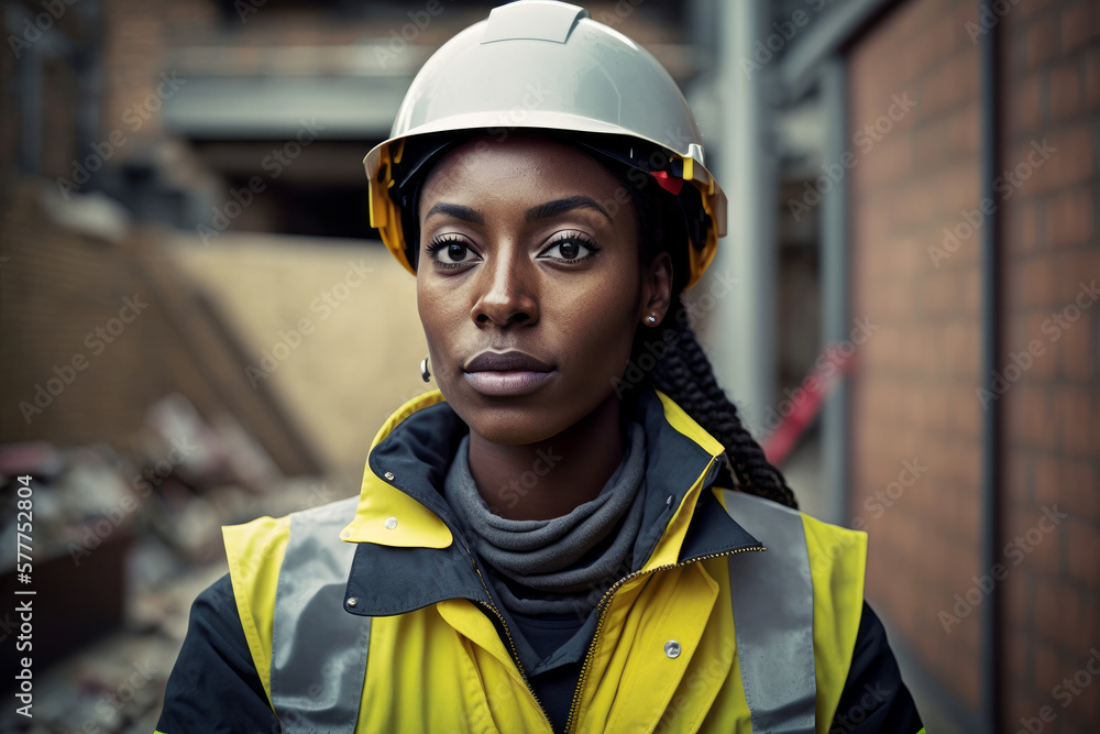 Portrait of a black woman construction worker wearing hart hat. Generative ai Portrait of a black woman construction worker wearing hart hat. Generative ai