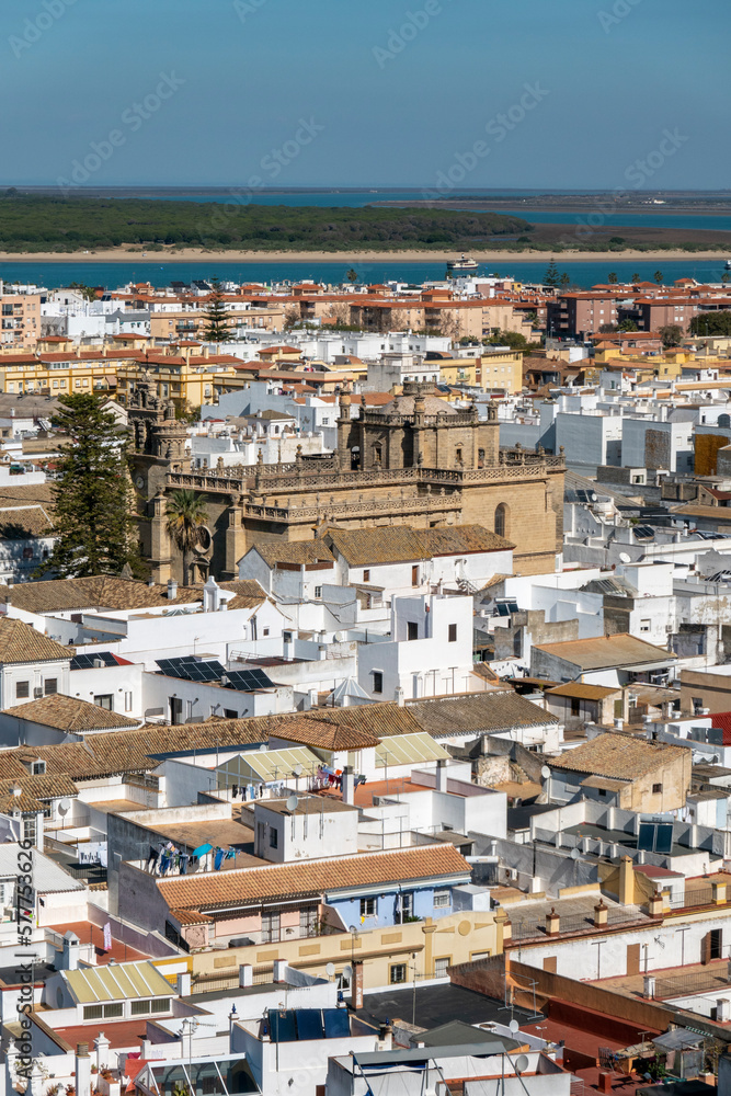 Air view of Sanlucar de Barrameda, where we can see some of its streets, houses and traditional buildings. Tourist village of the province of Cadiz. Autonomous Community of Andalucia. Spain.