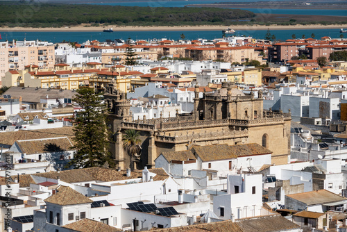 Air view of Sanlucar de Barrameda, where we can see some of its streets, houses and traditional buildings. Tourist village of the province of Cadiz. Autonomous Community of Andalucia. Spain. © juanorihuela