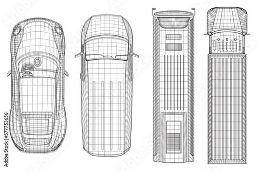 Concept art. Realistic Classic Car van, bus, truck Outline or vector line art or Car illustration for web use or other purposes. Wire-frame style. The layers of visible and invisible lines separated