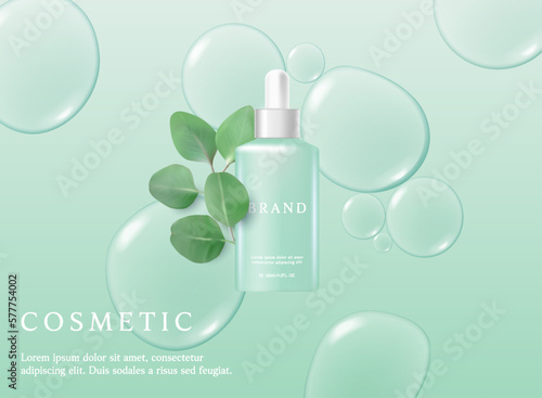 Green cosmetic 3d background with drop of liquid bubble floating and leaves.