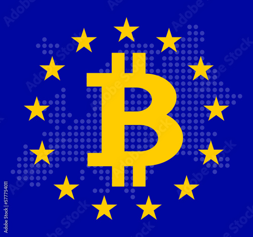 Flag of Europe with Bitcoin symbol inside. Europe transparent map