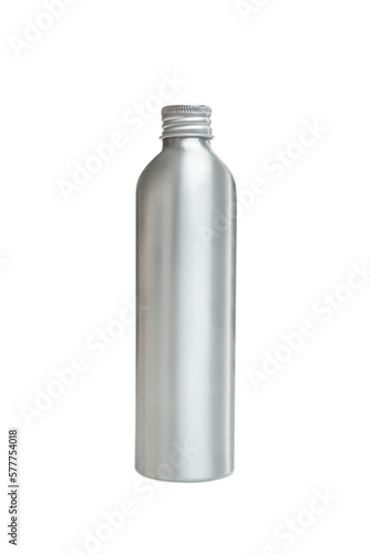Metallic silver bottle with screw cap without label. Medicine and cosmetics. Isolated on white background. Space for text. Vertical.