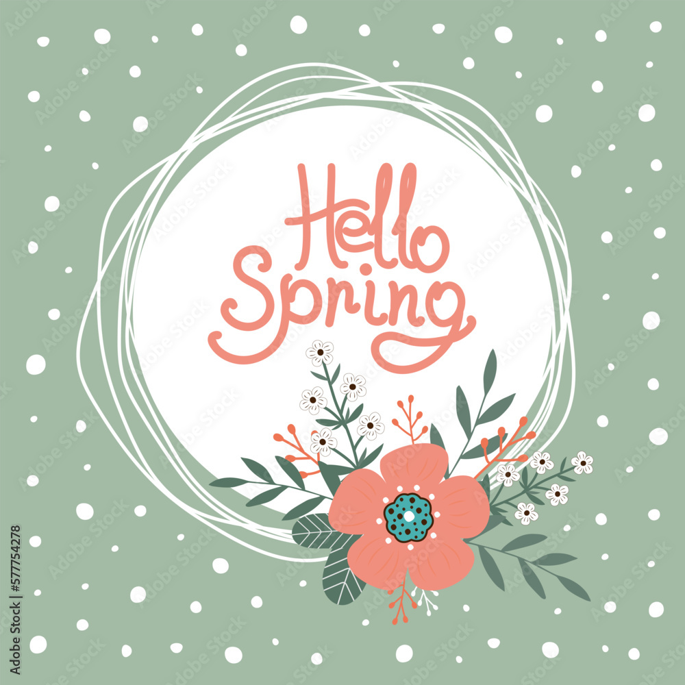 Hello spring. Hello summer. Fowers and leaves on green background. Hello spring. Hello summer. Fowers and leaves on green background.