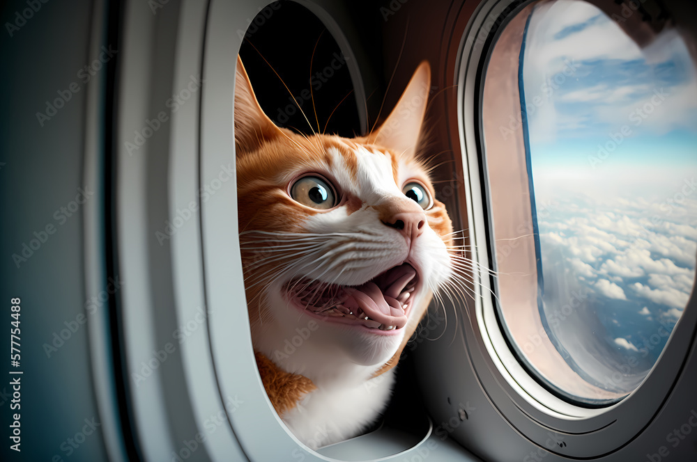 Happy Taveler cat tourist fly on airplane. Concept trip with pet animal. Generation AI