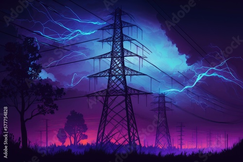 Electricity transmission towers with glowing wires against blue sky. Generative AI