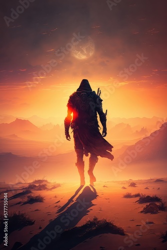 Fantasy book cover. Children`s book cover. A lone hero, walking across a barren wasteland, with a setting sun in the background. Generative ai.