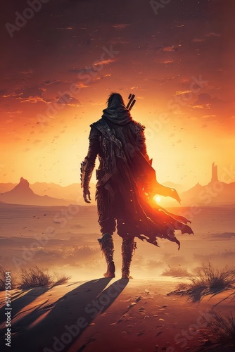 Fantasy book cover. Children`s book cover. A lone hero, walking across a barren wasteland, with a setting sun in the background. Generative ai.