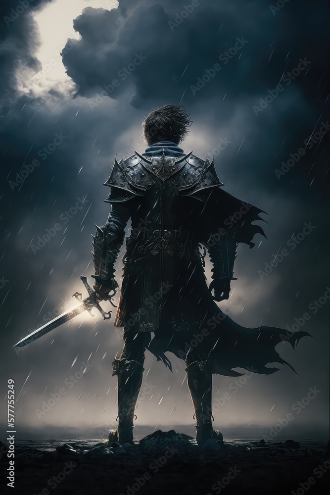 Fantasy book cover. Children`s book cover. A young hero wielding a powerful sword, standing against a dark, ominous sky. Generative ai. Fantasy book cover. Children`s book cover. A young hero wielding a powerful sword, standing against a dark, ominous sky. Generative ai.