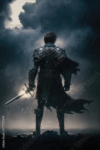 Fantasy book cover. Children`s book cover. A young hero wielding a powerful sword, standing against a dark, ominous sky. Generative ai.