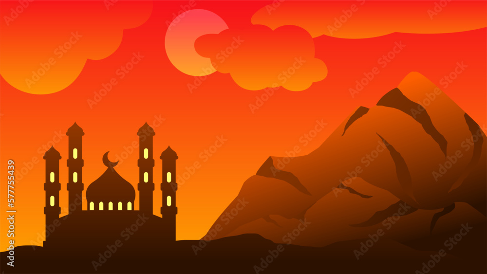 Background of silhouette mosque with orange sky for islamic design. Landscape element for design graphic ramadan greeting in muslim culture and islam religion. Ramadan wallpaper of mountain and hill Background of silhouette mosque with orange sky for islamic design. Landscape element for design graphic ramadan greeting in muslim culture and islam religion. Ramadan wallpaper of mountain and hill