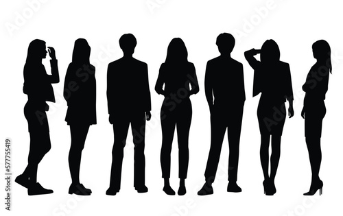 Vector silhouettes of men and a women, a group of standing business people, black color isolated on white background