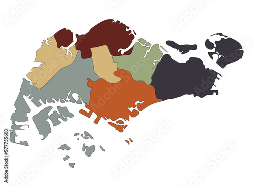 Singapore map great detail with six regions. multicolor. vector 