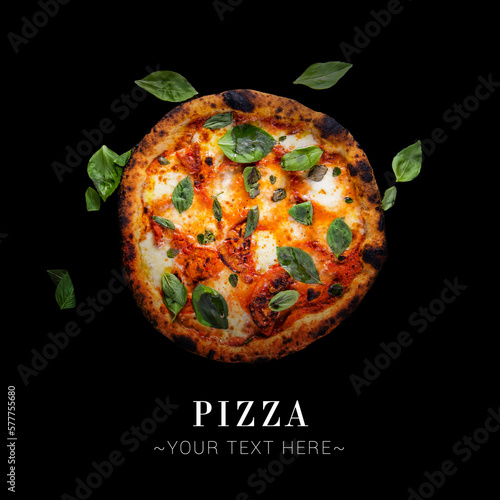 Top view of traditional Italian uncut Margherita pizza with tomatoes, mozzarella cheese and fresh basil leaves. Cheesy pizza isolated on black background with text and copy space