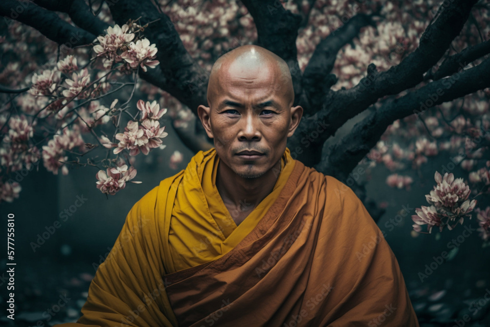 Buddhist monk meditating under a blossomed tree - obrazy, fototapety, plakaty 