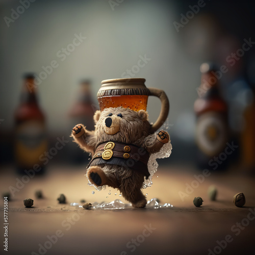 teddy with beer behind Generative AI photo