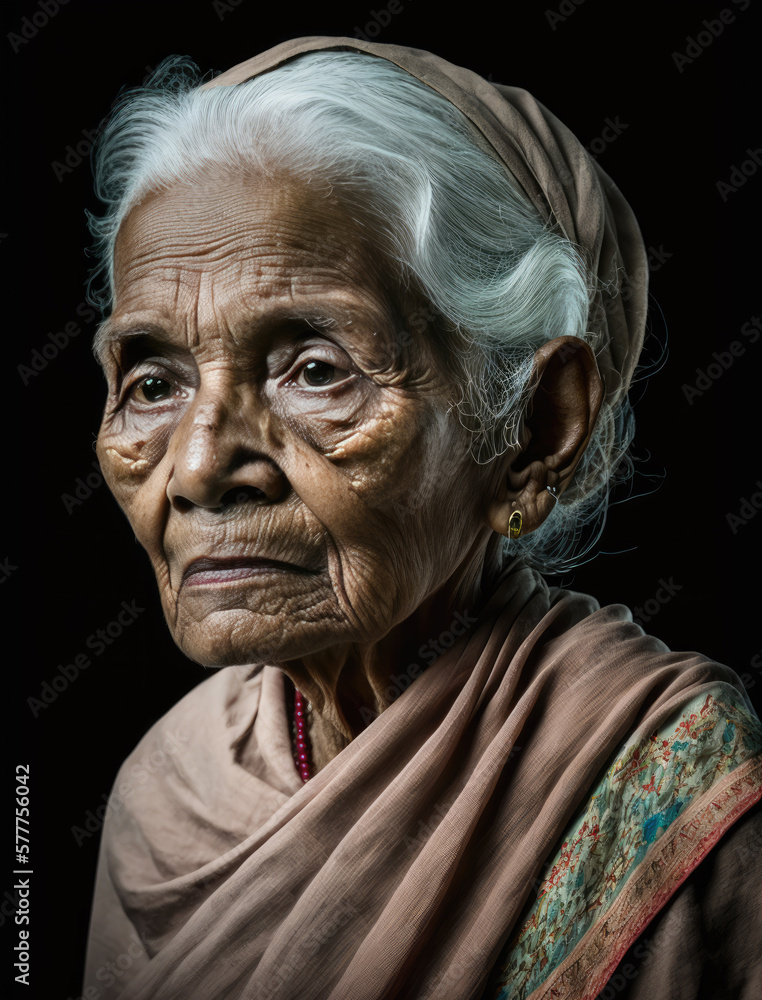 Elderly Lady-Old Indian Woman Portrait-Black Background-Generative AI Elderly Lady-Old Indian Woman Portrait-Black Background-Generative AI