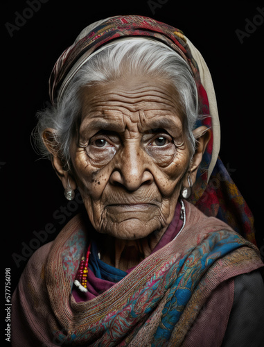  Elderly Lady-Old Indian Woman Portrait-Black Background-Generative AI