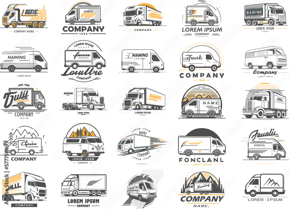 Logistic company logo set. Cargo trucks and vans. Icons