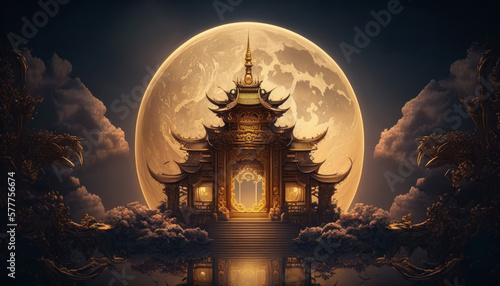 Chinese temple on the full moon background. Generative AI