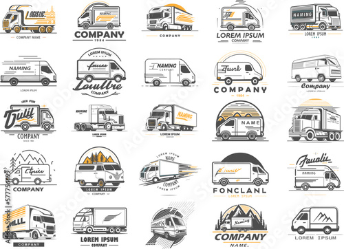 Logistic company logo set. Cargo trucks and vans. Icons