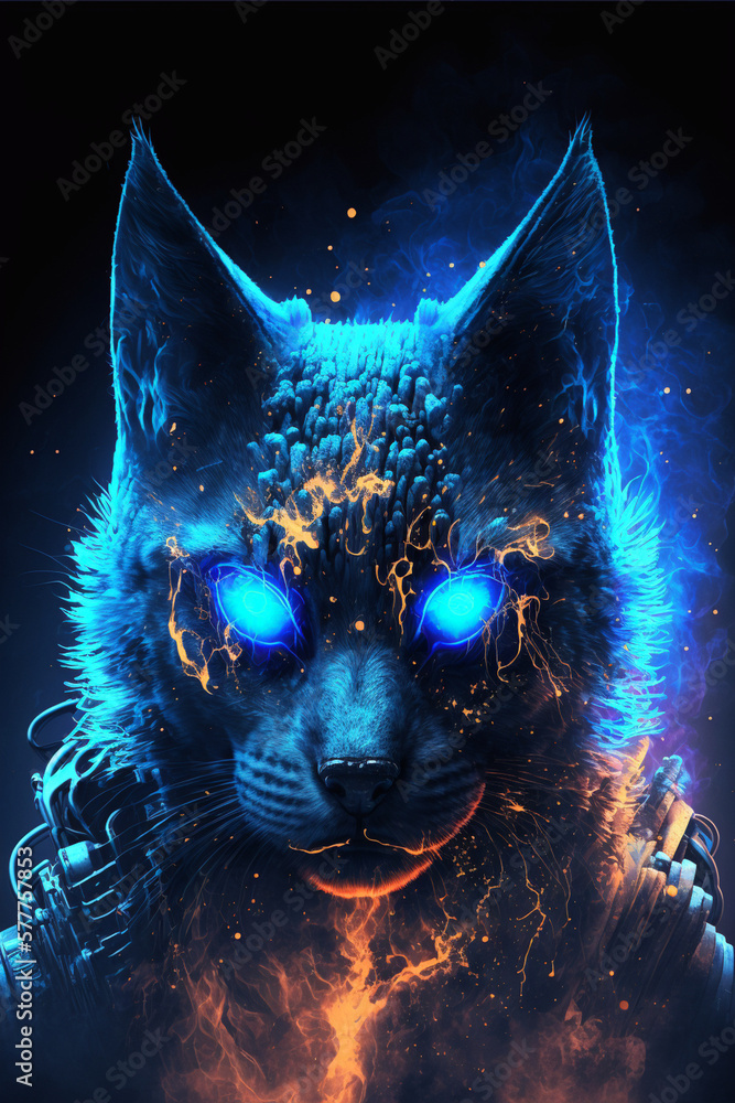 detailed portrait of a Dark-Blue cyberpunk Cat made with ashes,illustration,created with Generative AI Technology - obrazy, fototapety, plakaty 