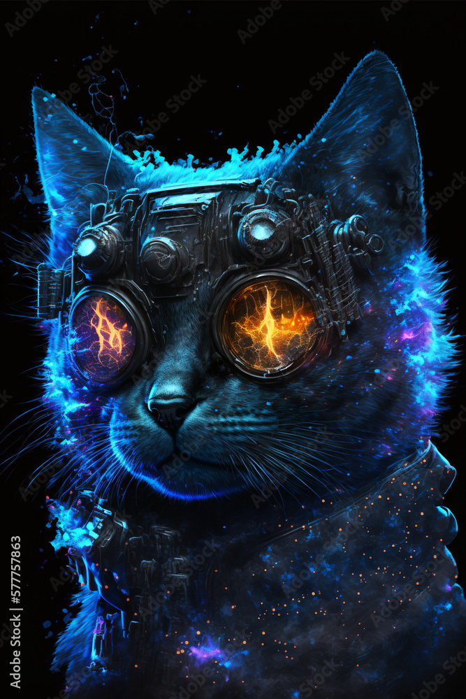 detailed portrait of a Dark-Blue cyberpunk Cat made with ashes,illustration,created with Generative AI Technology - obrazy, fototapety, plakaty 