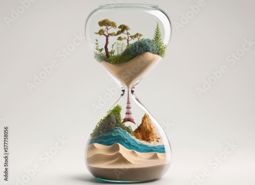 Hourglass with sand. Tropical island and ocean inside of sandglass. Concept of time passing and time is money. Generative AI.