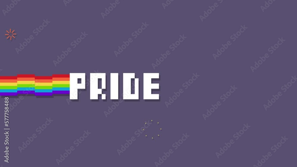 Pixel animation with rainbow and stars 80s style. Banner Inscription