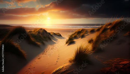 Beautiful dunes beach at sunset, ai generated, Generative AI