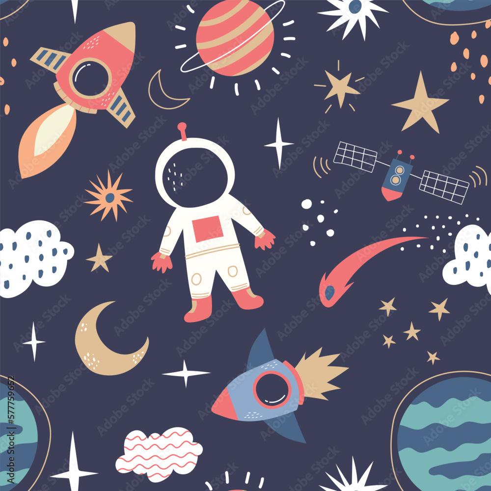 Space Seamless Pattern in childish hand-srawn style. vector seamless pattern with rocket, planets, shooting star,comets, etc.