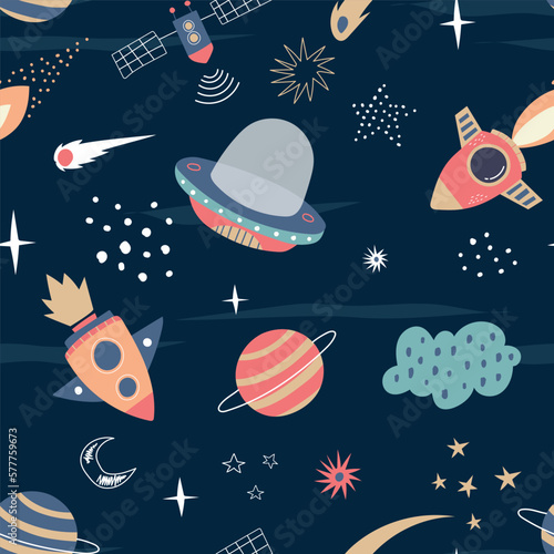 Space Seamless Pattern in childish hand-srawn style. vector seamless pattern with rocket, planets, shooting star,comets, etc.