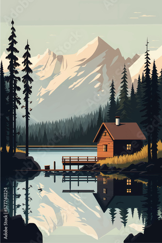 Serene Mountain Lake Cabin Amidst Lush Forest and Majestic Peaks: Flat Vector Illustration with Social Media Space