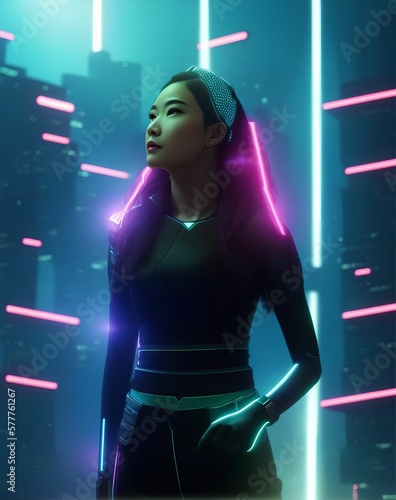 futuristic sci-fi portrait asian woman wearing black suit, generative art by A.I.