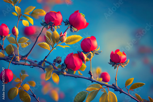 Flowering rose hips against the blue sky. Generative Ai